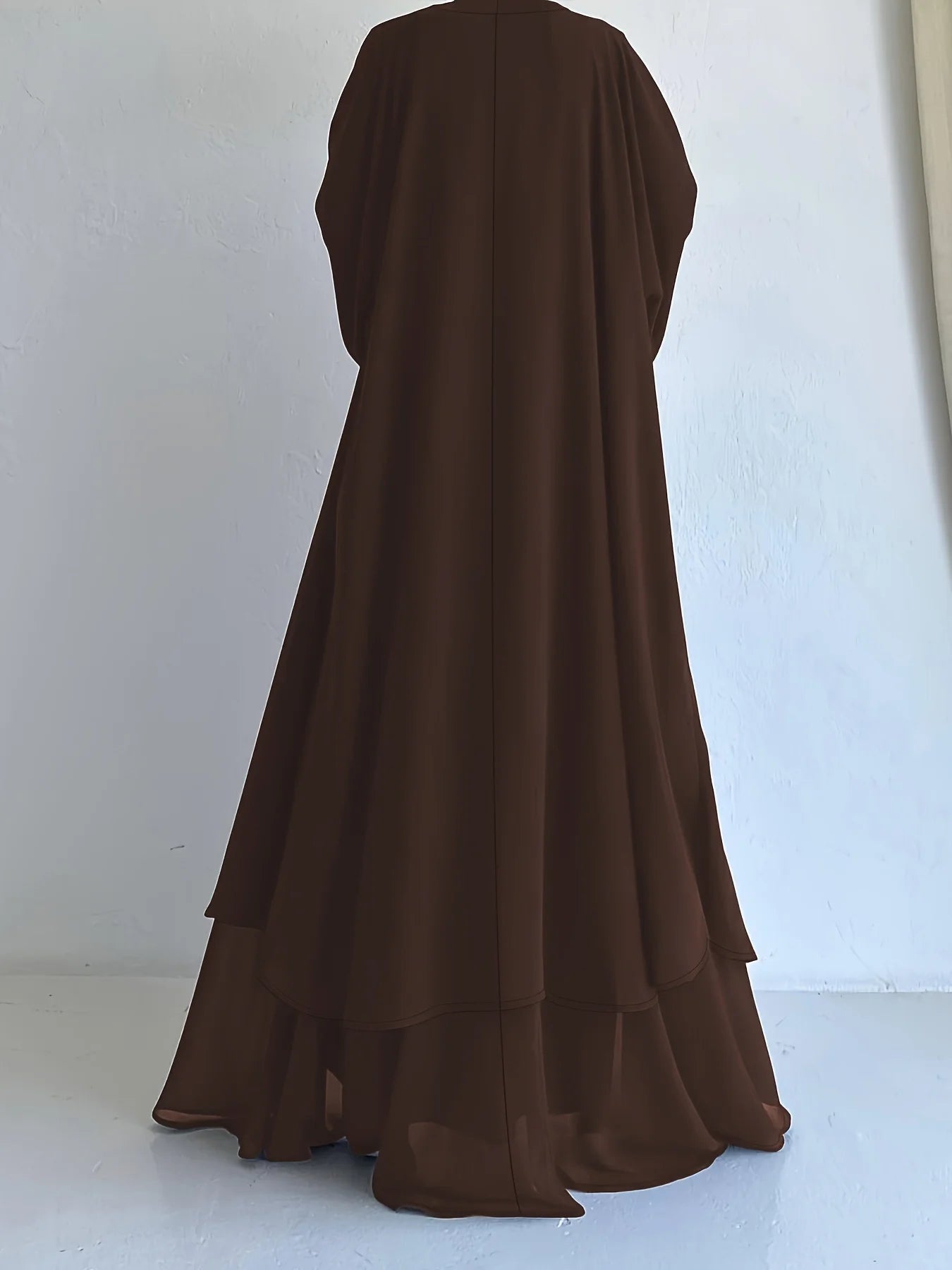 Muslim robe, a two-piece outfit consisting of a vest and a wrap dress, includes a belt.
