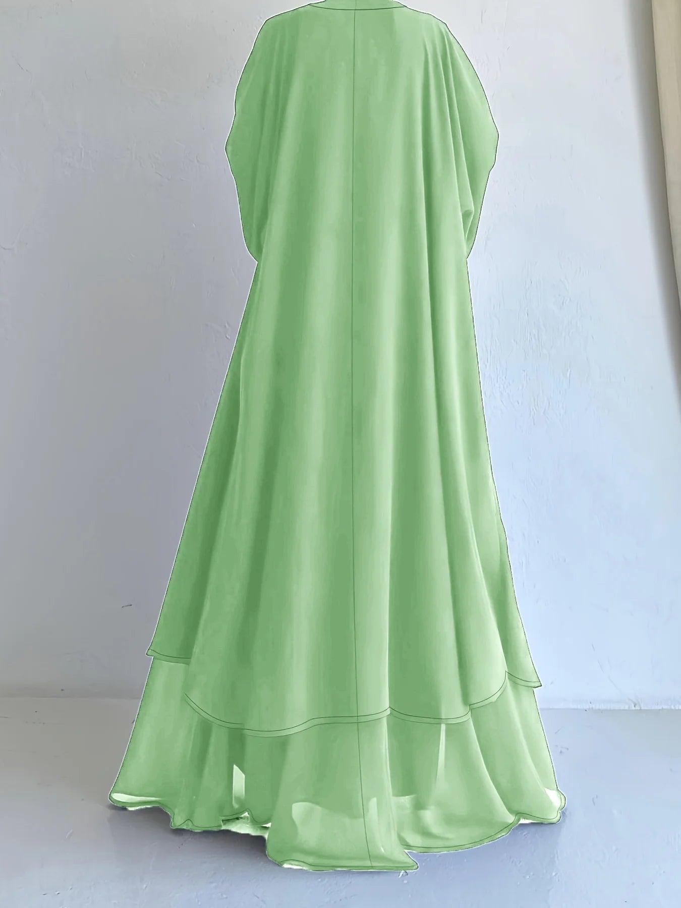 Muslim robe, a two-piece outfit consisting of a vest and a wrap dress, includes a belt.