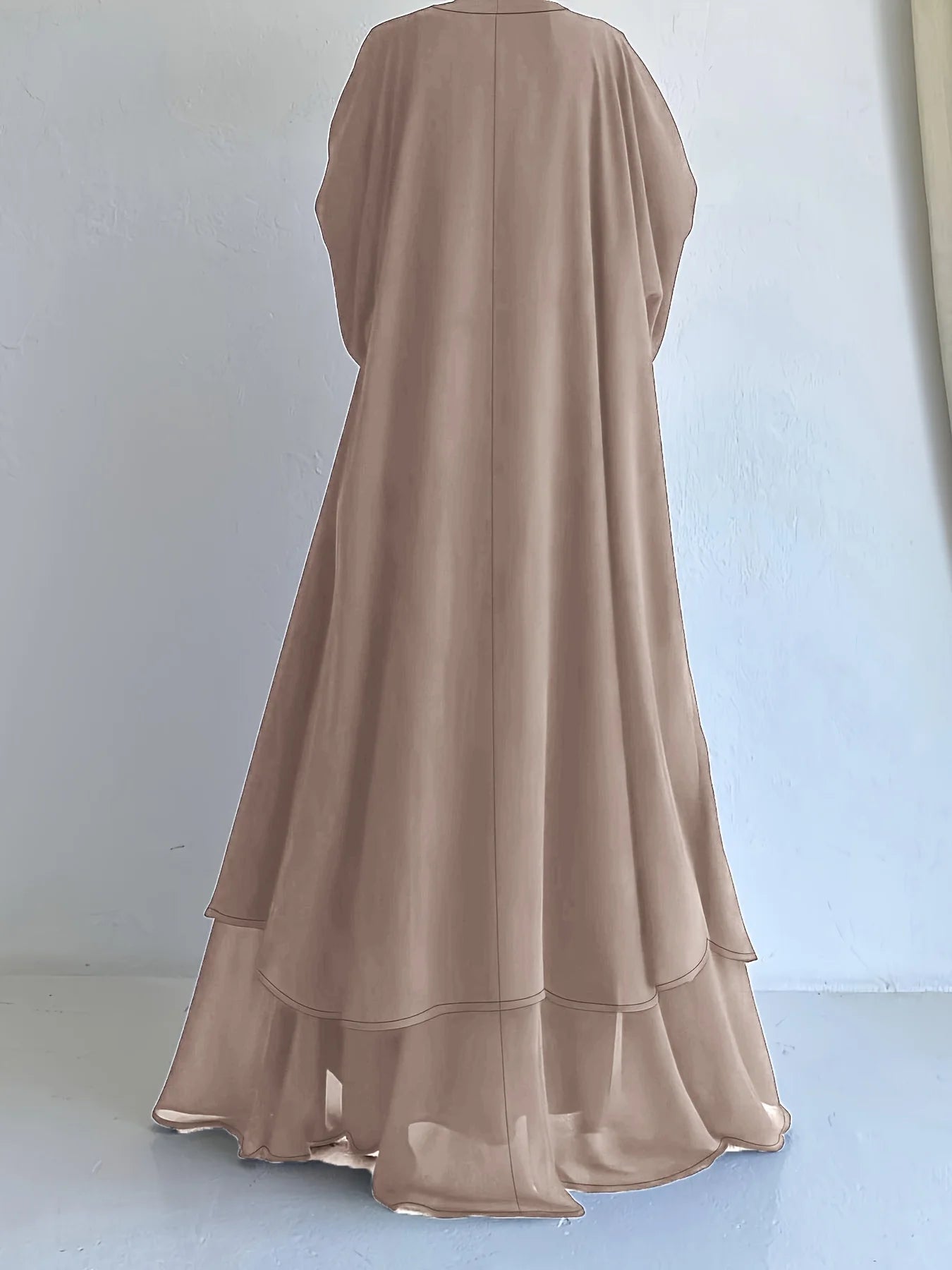 Muslim robe, a two-piece outfit consisting of a vest and a wrap dress, includes a belt.